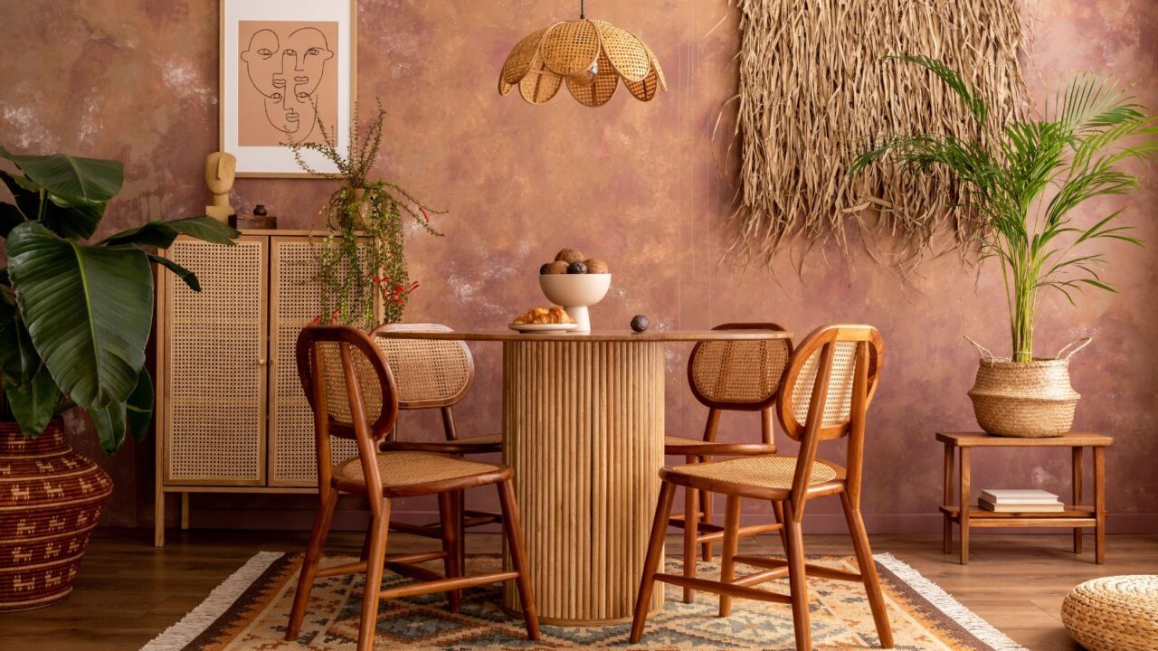 A dining area with a round wooden table, rattan chairs, and tropical plants against a textured wall.