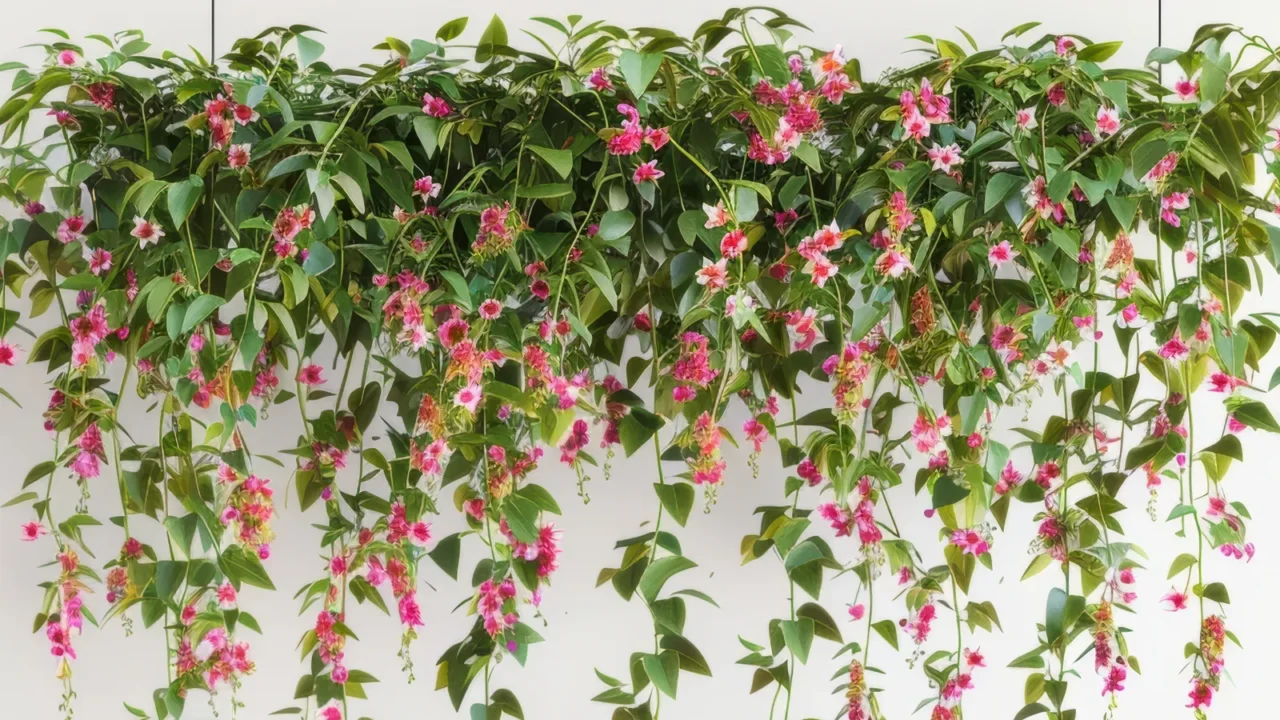 a beautifully arranged hanging plant with vibrant pink flowers and