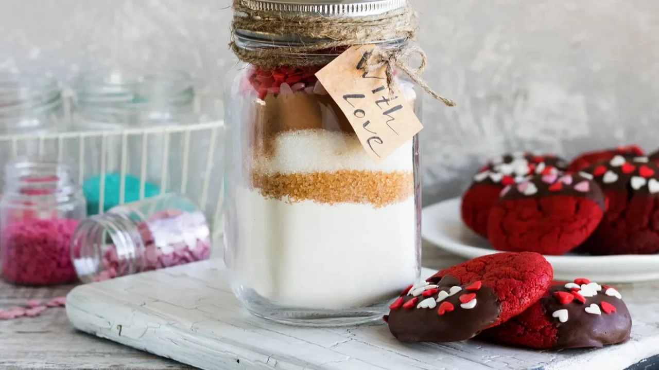 a mixture of ingredients for baking cookies for valentines day