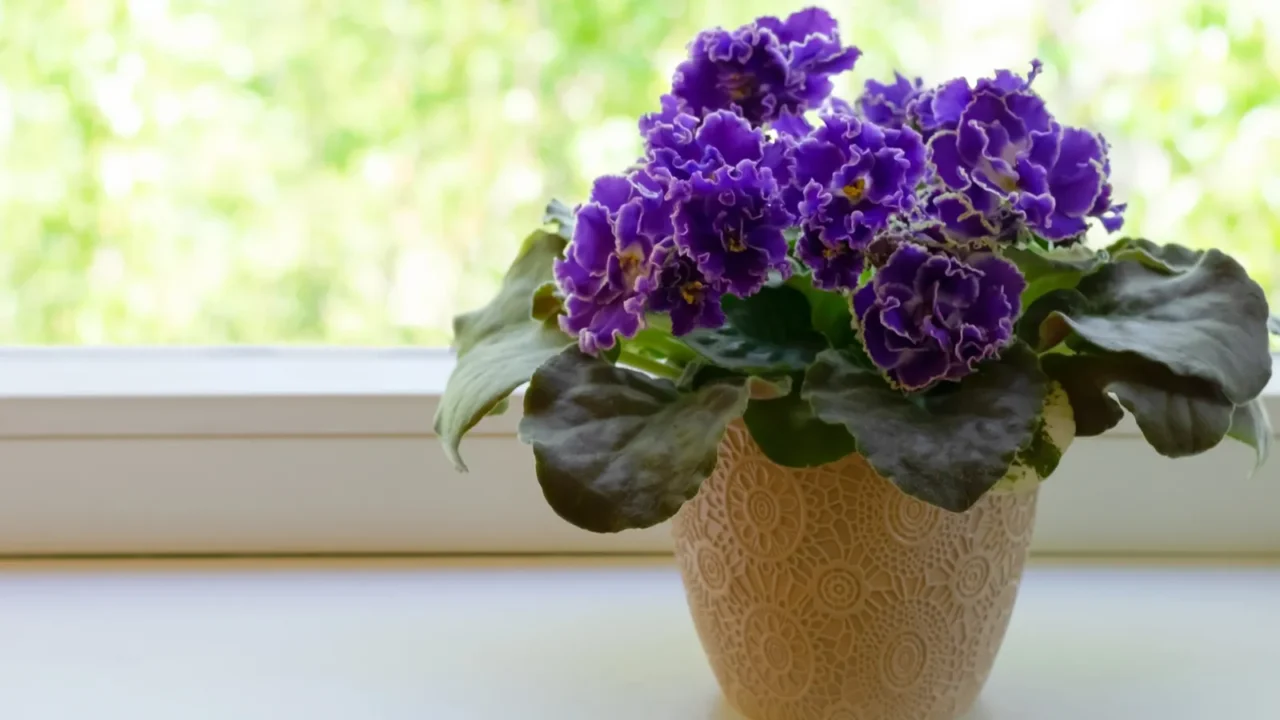 An African violet flower pot on a windowsill.