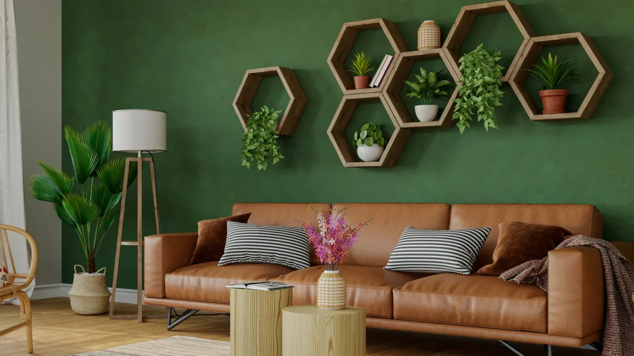 beautiful living room with green walls and wooden hexagon shelves