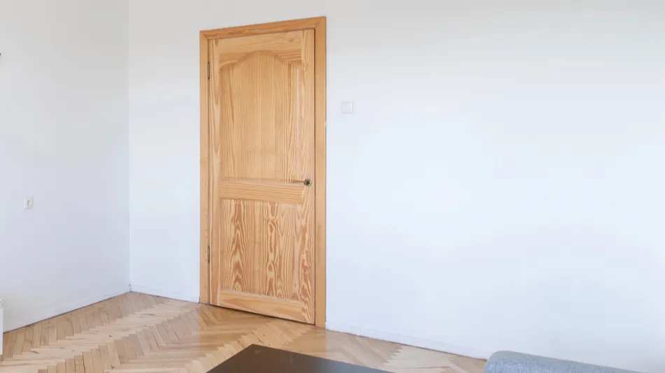 bright and simple living space featuring a wooden door light