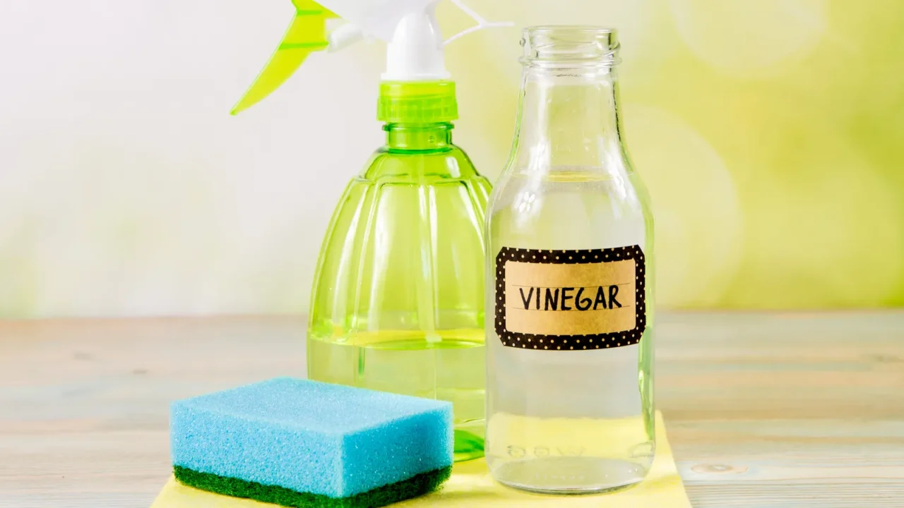 A vinegar bottle, spray, and a sponge on a table.