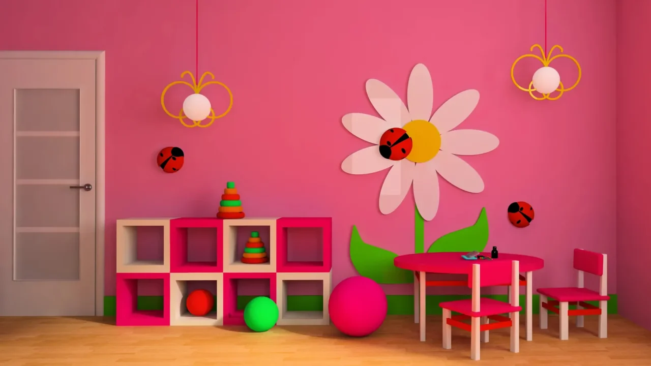 A playroom interior with hot pink walls, table, chairs, and open shelves with toys.