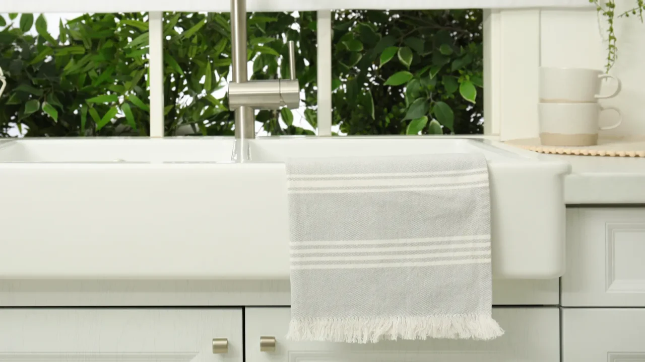 A white kitchen sink with a gray towel hanging and green plants in the background.