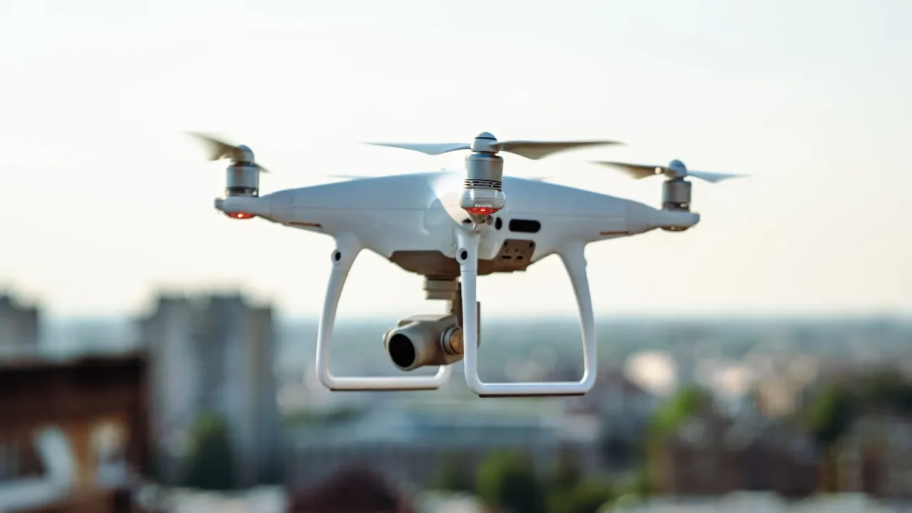 close up white drone quadcopter with digital camera outdoors