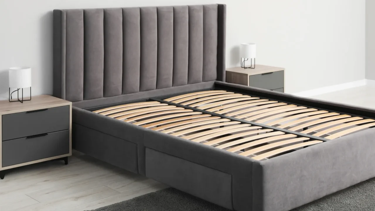 comfortable bed with storage space for bedding under slatted base