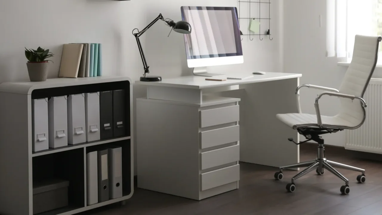 comfortable white chair near desk in stylish office interior