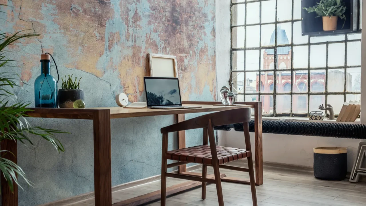 A minimalist workspace with a wooden desk, laptop, plants, and a large window.