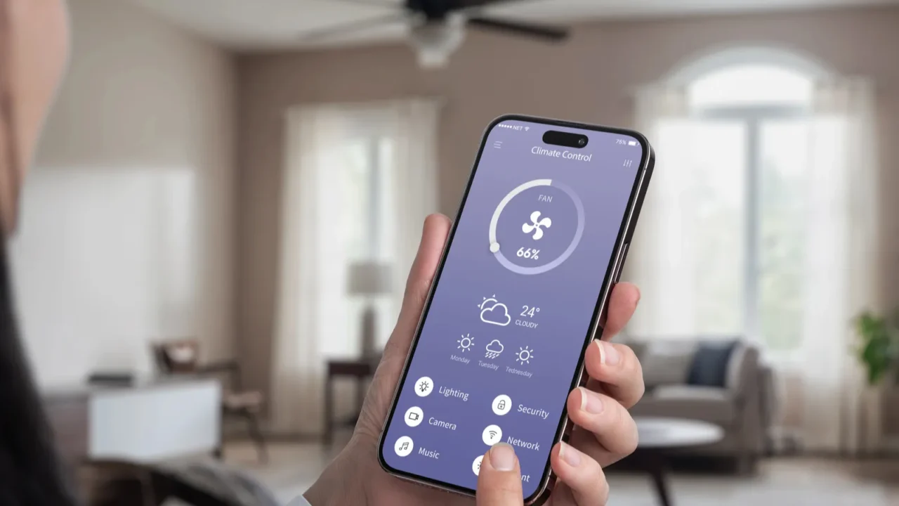 A woman controlling a ceiling fan with a smartphone.