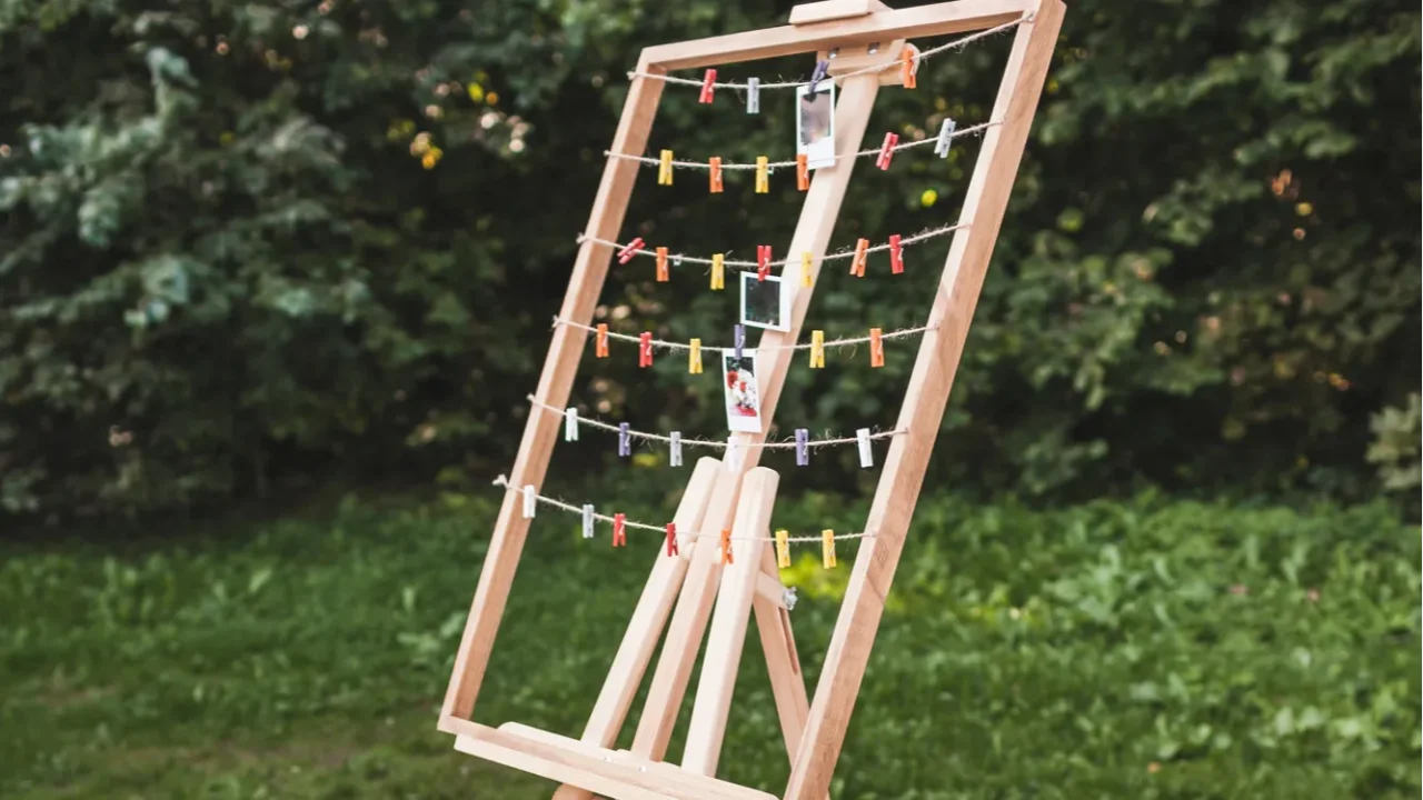 decorated wooden table and hanger for polaroid photos for guests