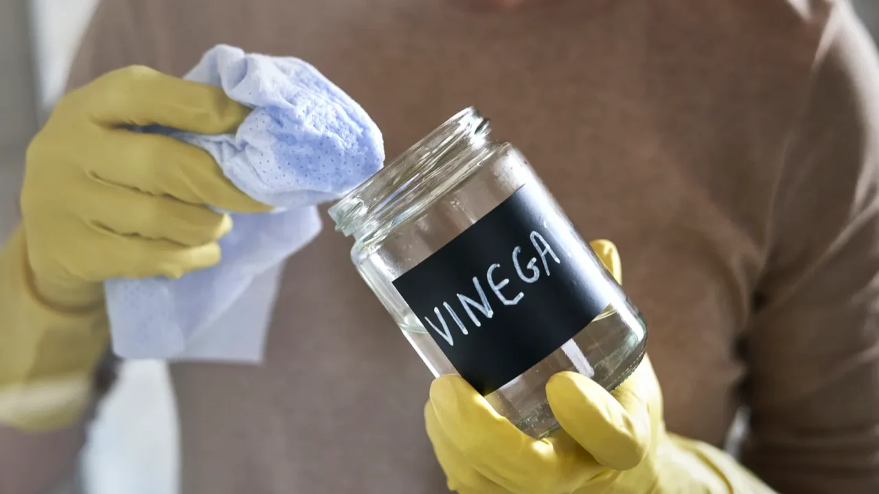 detail of unrecognizable woman holding a jar with vinegar and