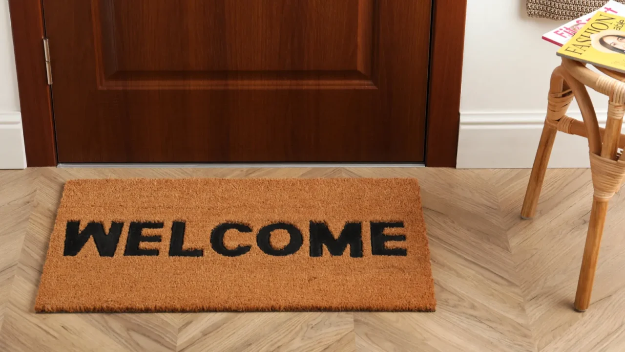 door mat with word welcome on wooden floor in hall