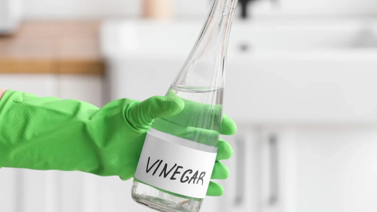 female hand in rubber glove with bottle of vinegar in