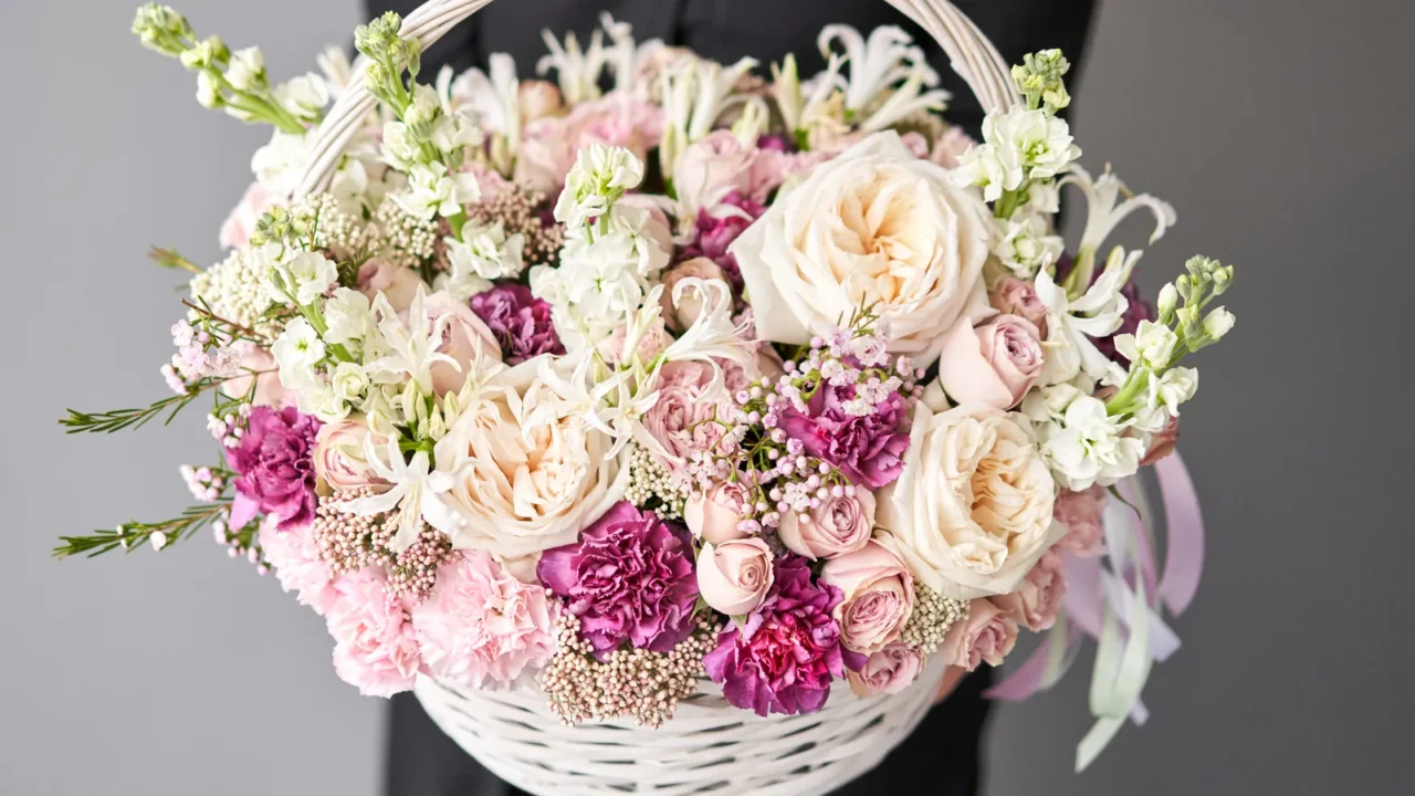 flower arrangement in wicker basket beautiful bouquet of mixed flowers