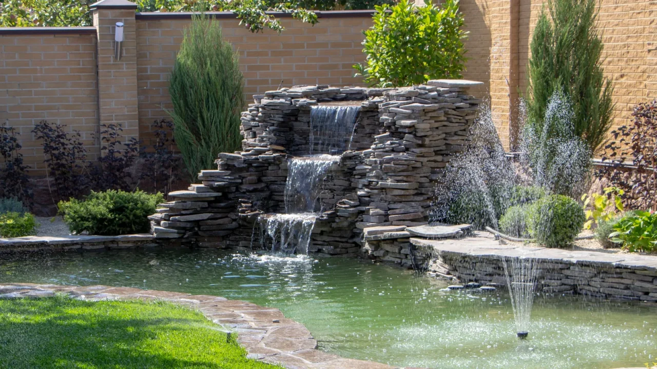 An outdoor water feature with a stone waterfall and greenery.