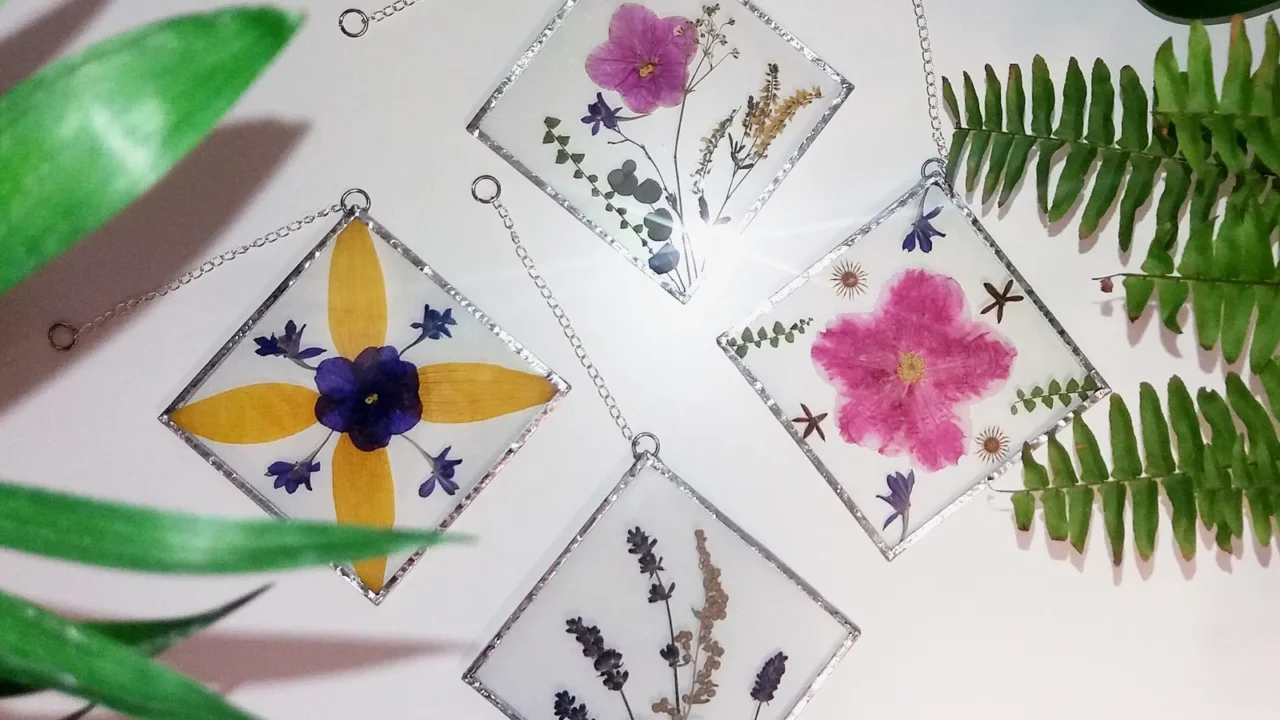 framed pressed flowers in tiffany technique in stained glass