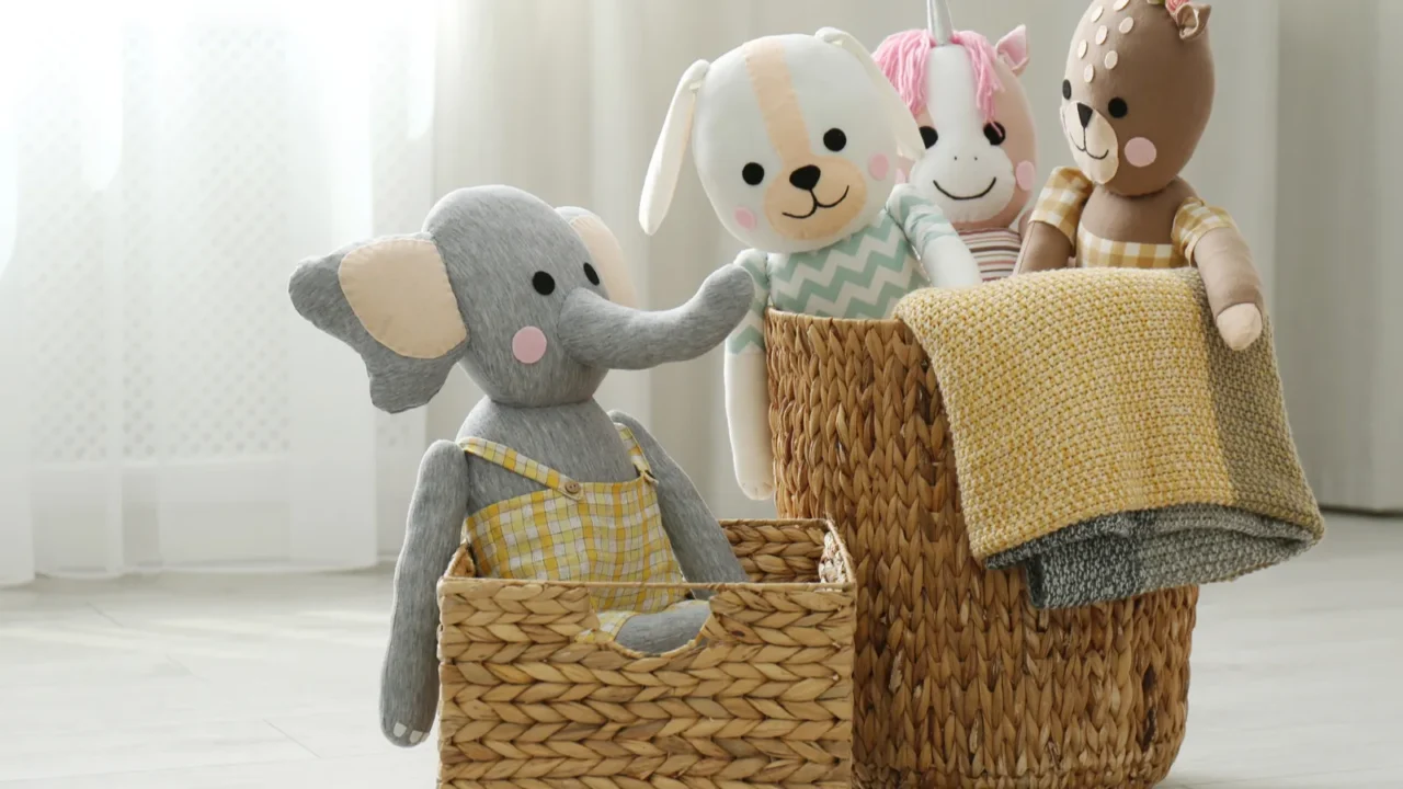 Stuff toys in woven baskets on the floor in a living room.