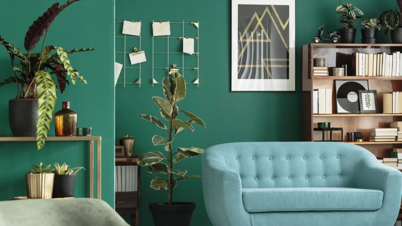 green living room with plants