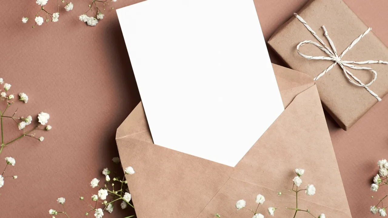 greeting card mockup flat lay with gift box envelope and