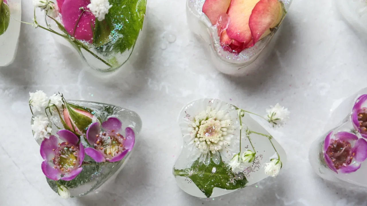 heart shaped ice cubes with flowers on grey background flat