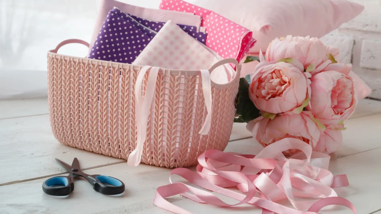 home organizers colored baskets with handmade accessories on whote table