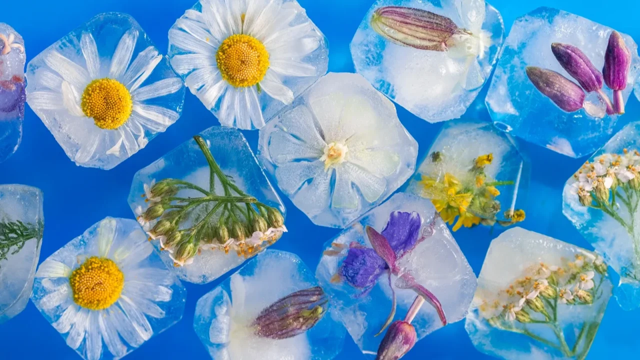 ice cubes with flowers and herbs frozen inside them flower