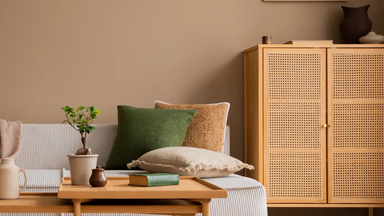 A cozy seating area with a light-colored sofa adorned with various textured pillows, a wooden table displaying a small plant and a book, and a woven cabinet against a beige wall.