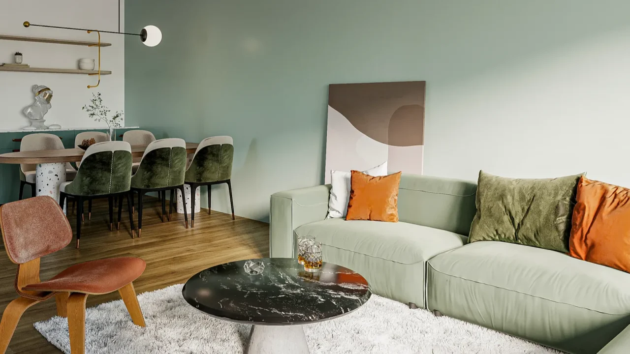 An open plan living room interior with marble coffee table, sofa with throw pillows, armchair, and rug.