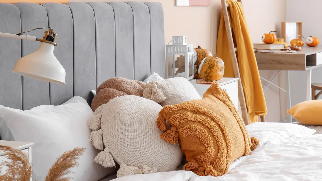 A cozy bedroom featuring a gray upholstered headboard and decorative pillows in warm tones.