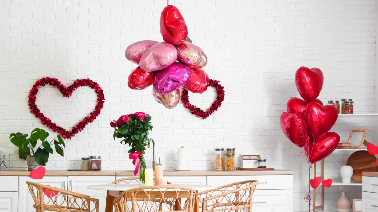 interior of festive kitchen with decorations for valentines day celebration