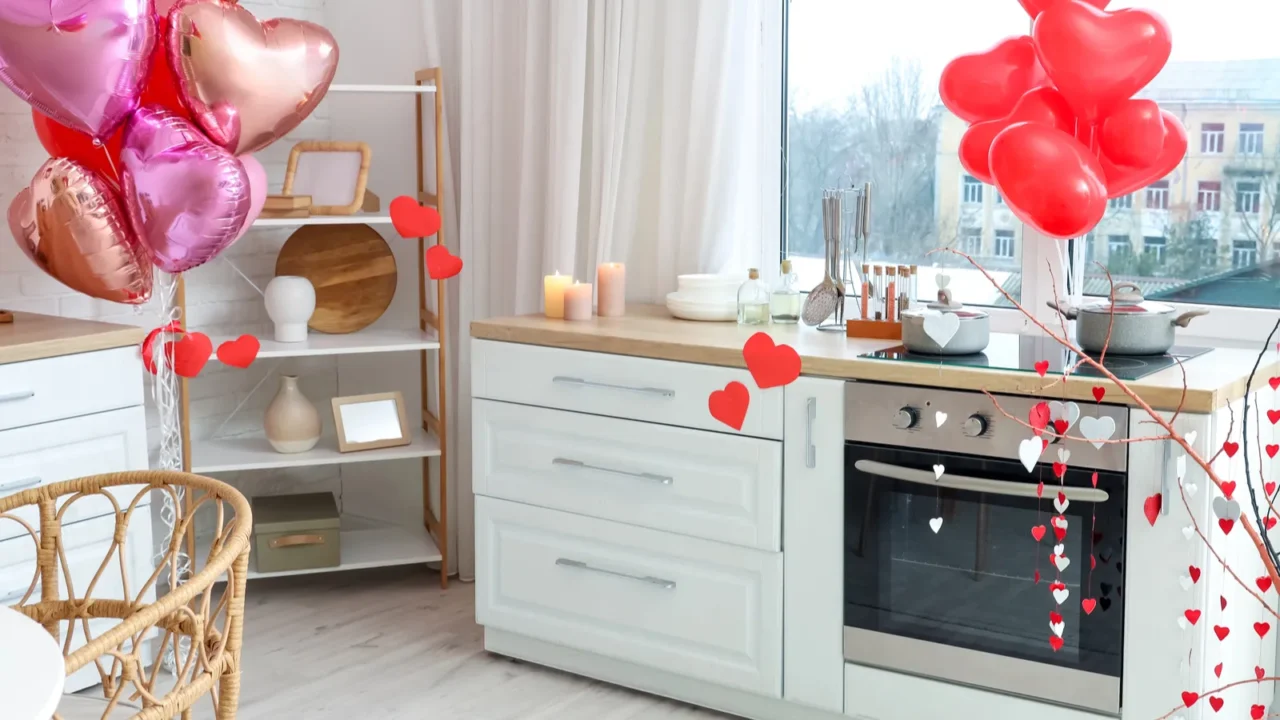 interior of festive kitchen with decorations for valentines day celebration