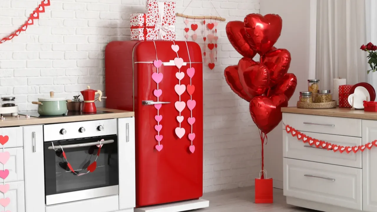 interior of festive kitchen with heartshaped balloons wine gift boxes