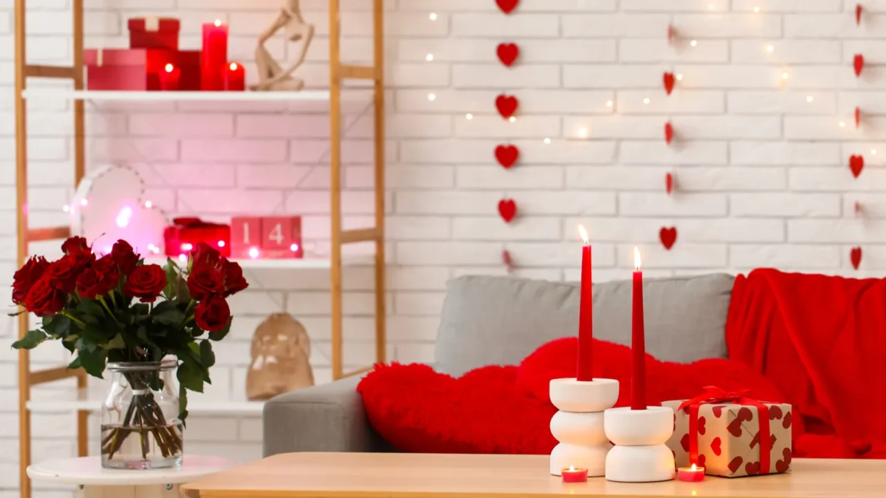 interior of festive living room with different decorations for valentines