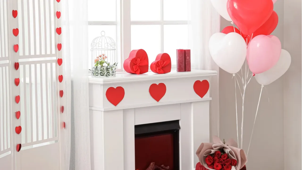 interior of festive living room with fireplace pouf and decorations