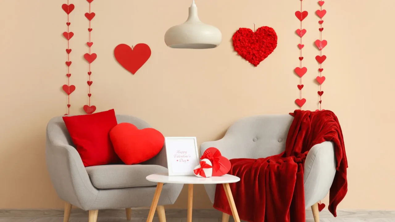 interior of festive living room with grey armchairs coffee table