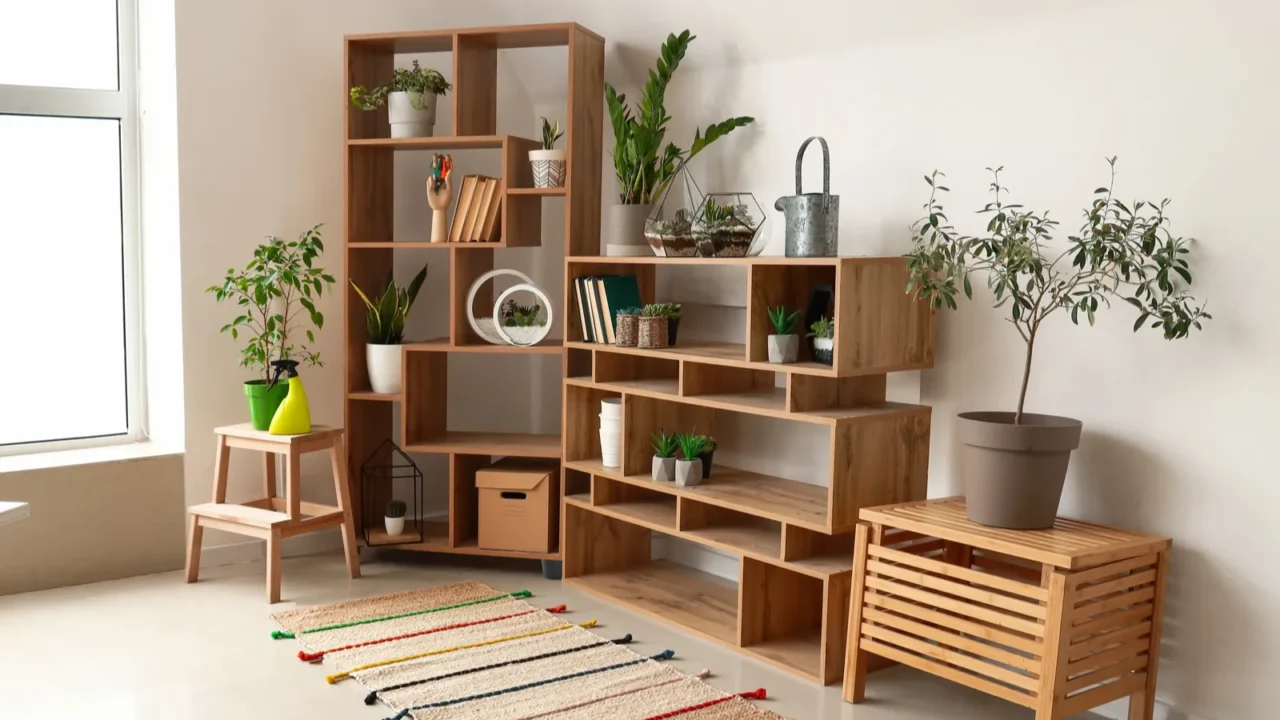 A modern living room with wooden shelves full of plants and decorative items beside a colorful woven rug.