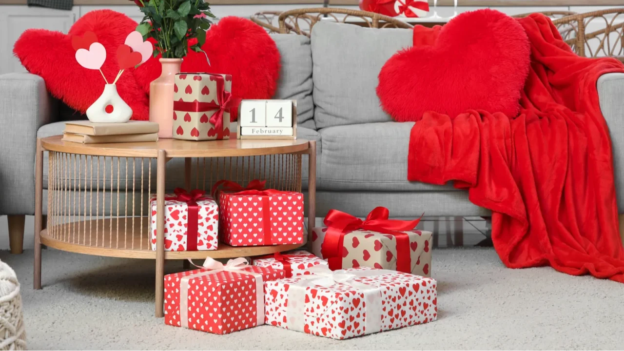 interior of living room decorated for valentines day celebration with