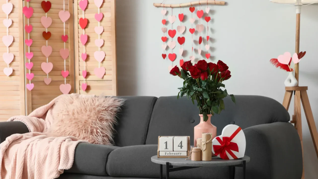 interior of living room decorated for valentines day celebration with