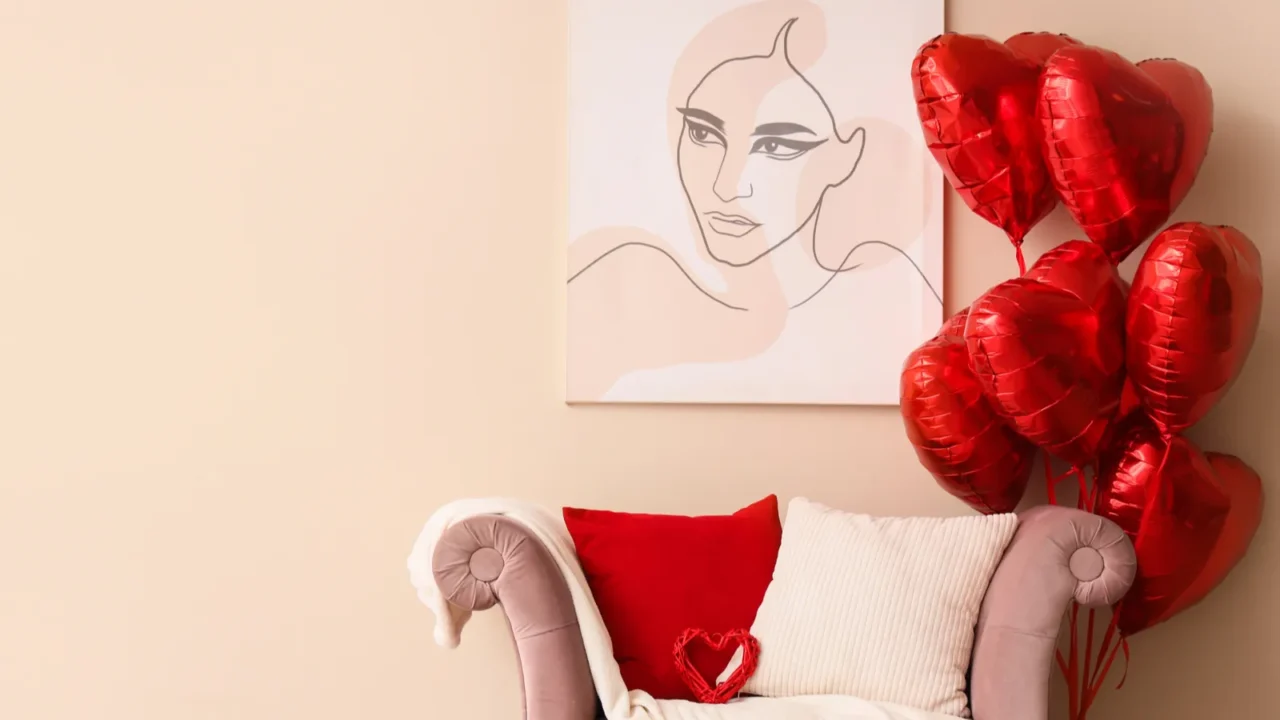 interior of living room decorated for valentines day with armchair