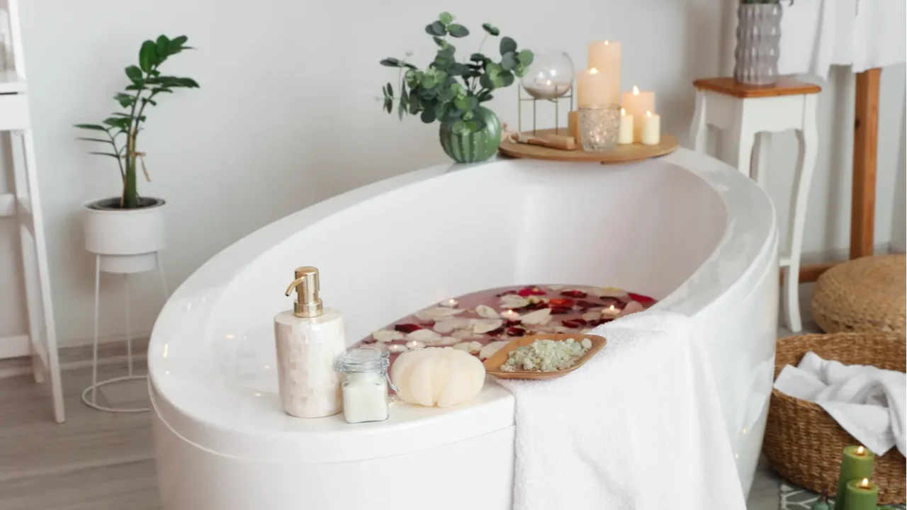 interior of modern bathroom with burning candles