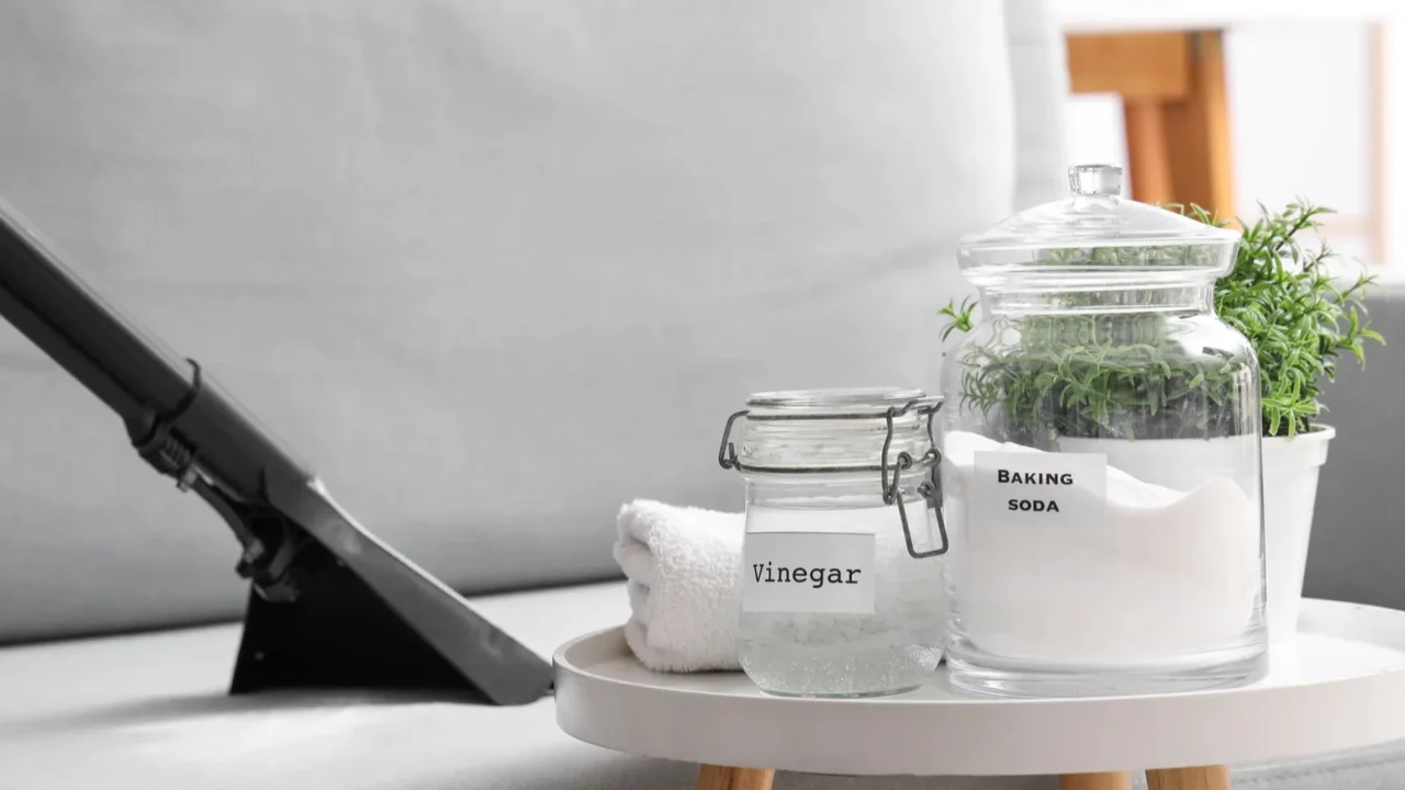 jars of baking soda and vinegar on table in room