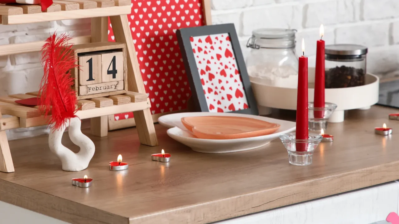 kitchen counter with burning candles hearts and gift box valentines