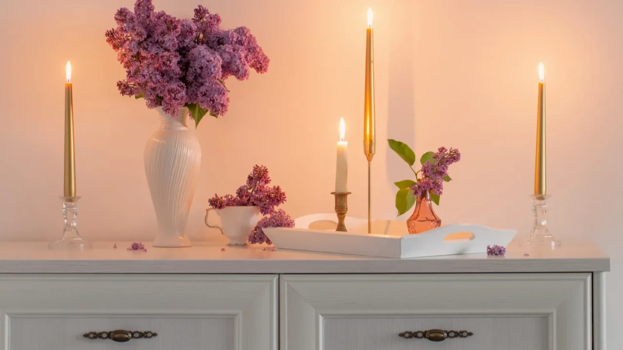 lilac flowers in white vase and golden candles on background