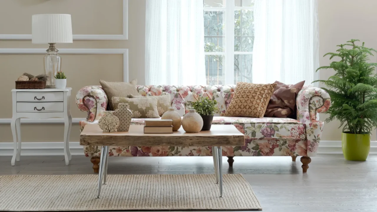 A cozy living room with a floral sofa, wooden coffee table, and decorative plants.