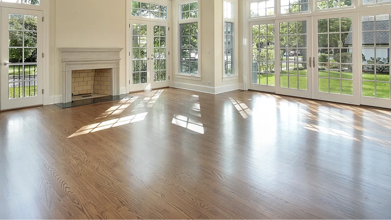 living room with wall of windows