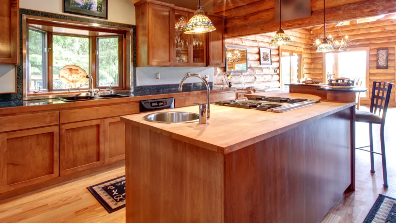 log cabin large kitchen interior