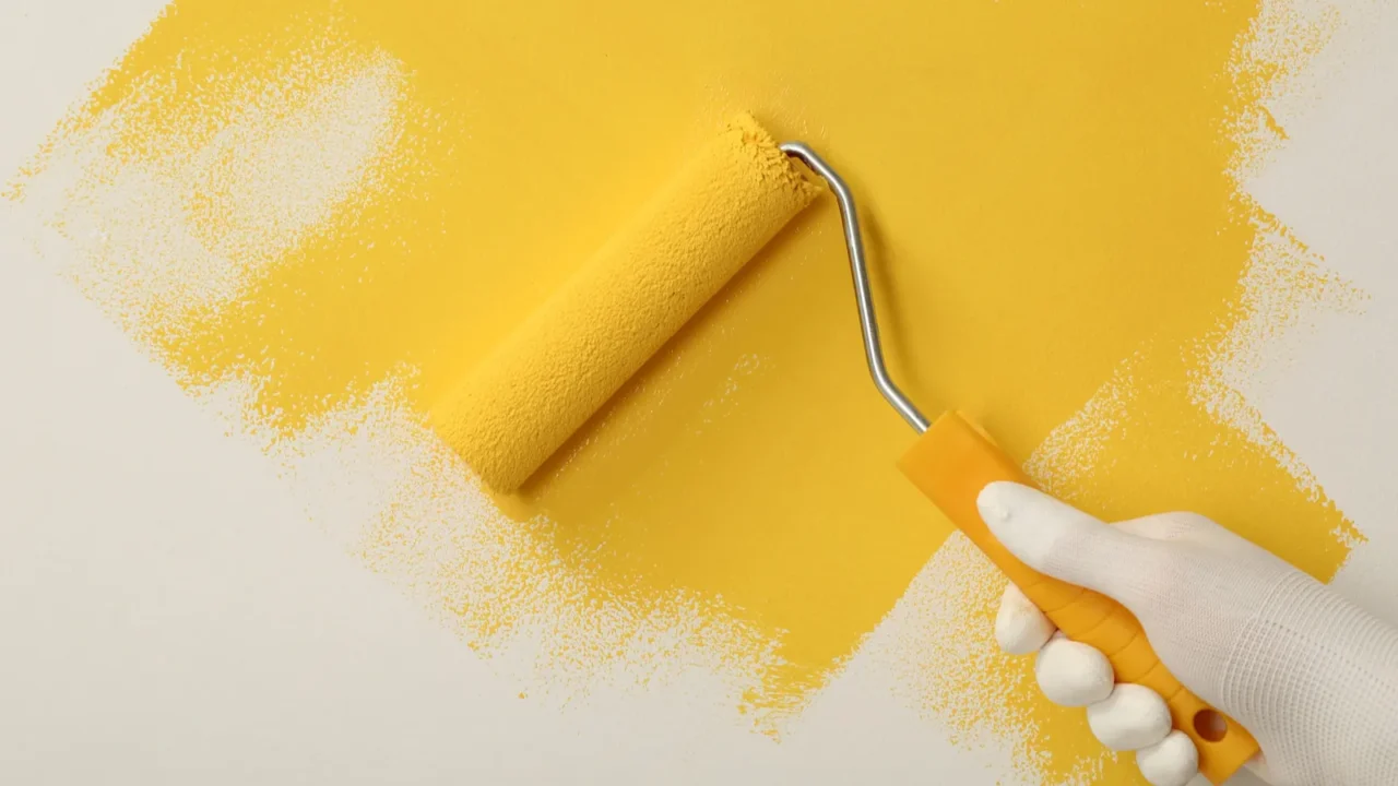 man applying yellow paint with roller brush on white wall