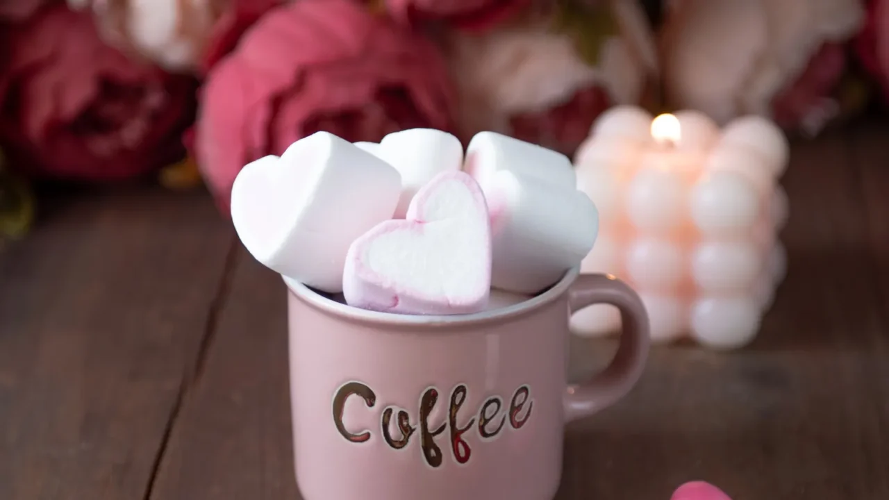 marshmallows in the shape of hearts in a coffee mug