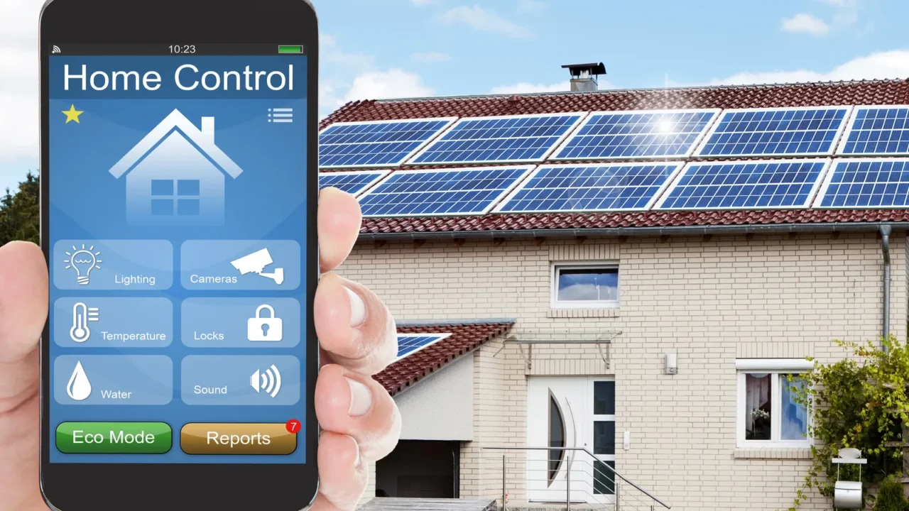 A smart solar panel system on a modern house, monitored and controlled remotely through a home automation app.